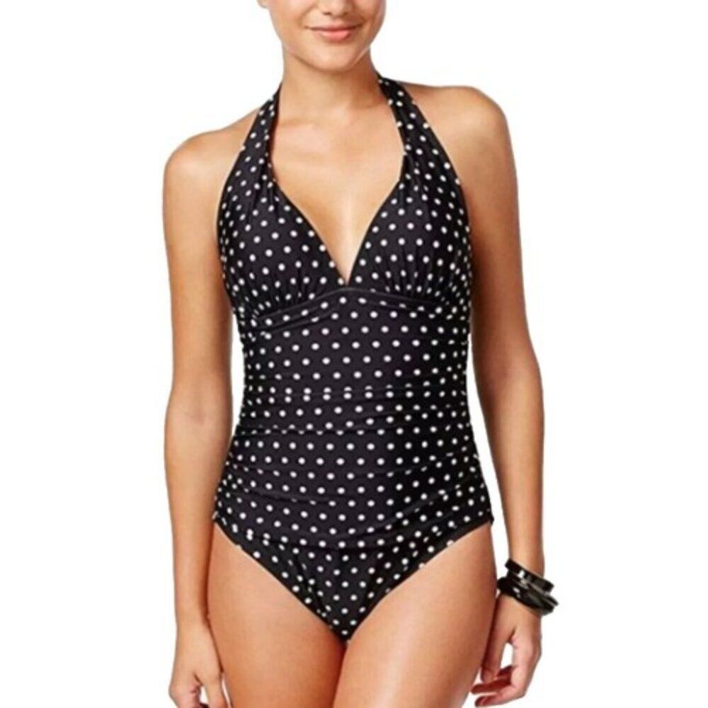 NEW LAUREN Ralph Lauren One Piece Swimsuit Size 6 Black & White Polka Dots
